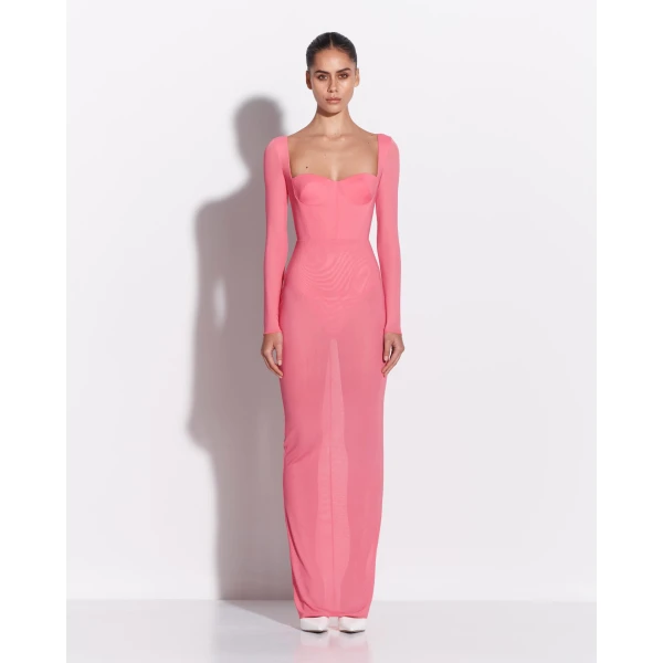Alex Perry Long Sleeve Cupped Column in Stretch Mesh, Coral Dress, view 2