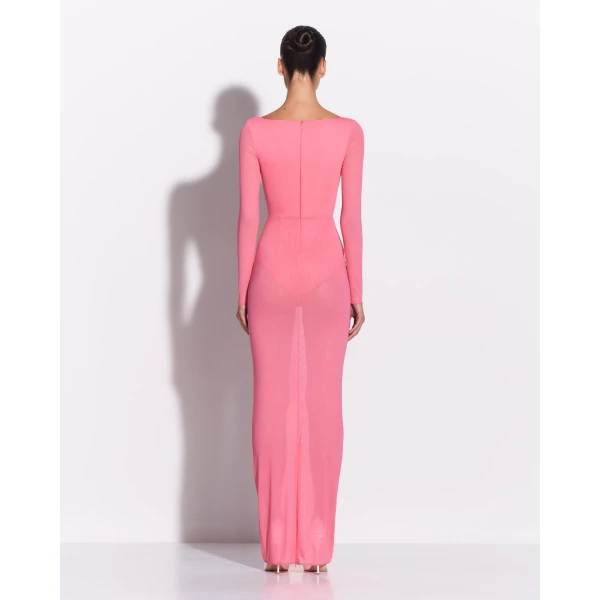Alex Perry Long Sleeve Cupped Column in Stretch Mesh, Coral Dress, view 3