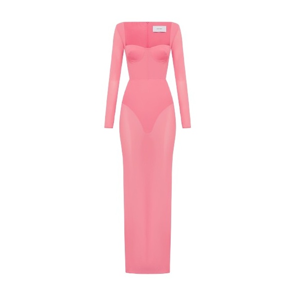 Alex Perry Long Sleeve Cupped Column in Stretch Mesh, Coral Dress