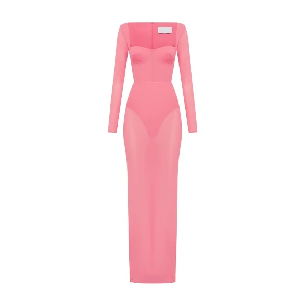 Alex Perry Long Sleeve Cupped Column in Stretch Mesh, Coral Dress