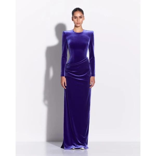 Alex Perry Long Sleeve Drape Column in Velvet, Iris Dress, view 2