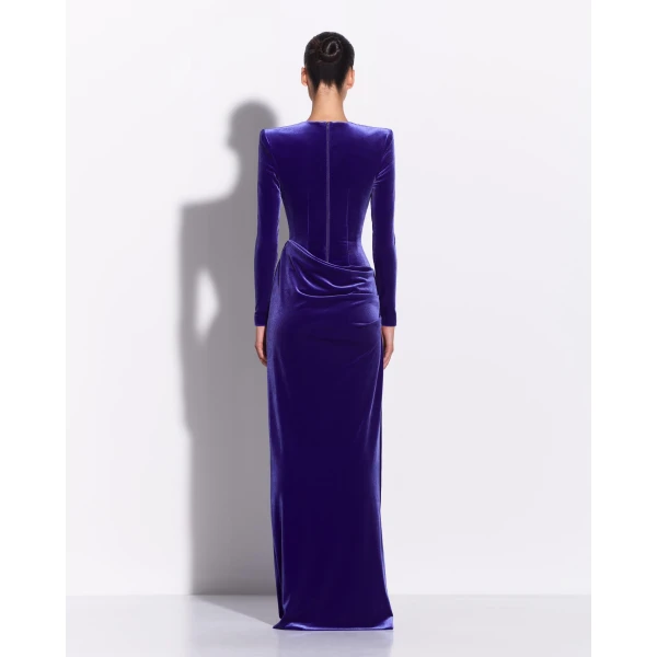 Alex Perry Long Sleeve Drape Column in Velvet, Iris Dress, view 3