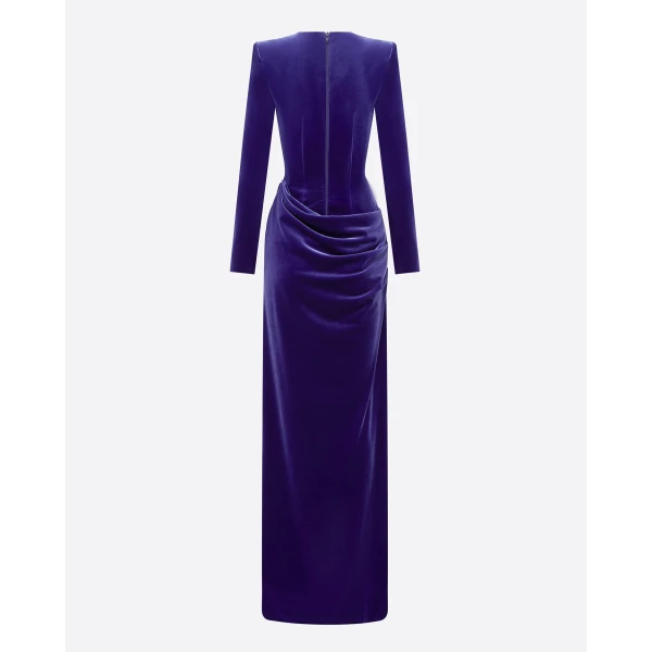 Alex Perry Long Sleeve Drape Column in Velvet, Iris Dress, view 4