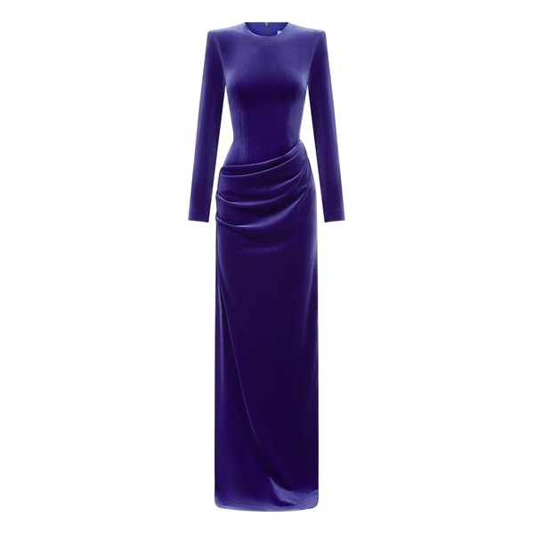Alex Perry Long Sleeve Drape Column in Velvet, Iris Dress