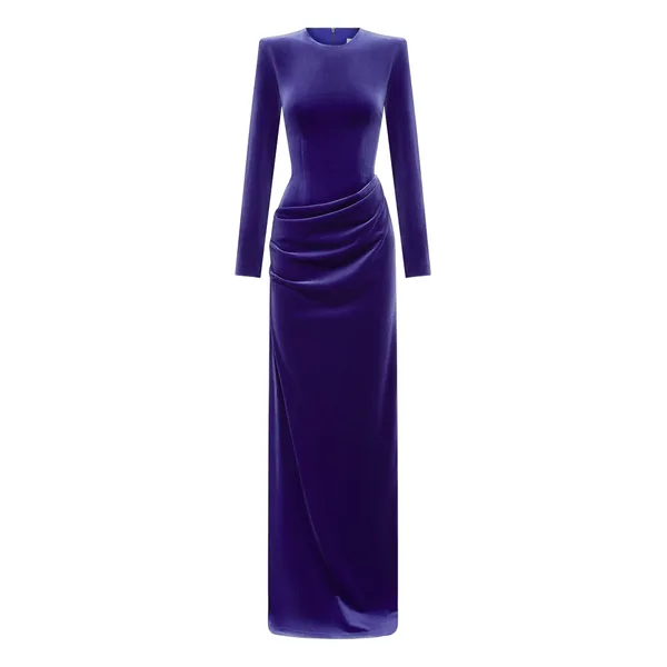 Alex Perry Long Sleeve Drape Column in Velvet, Iris Dress