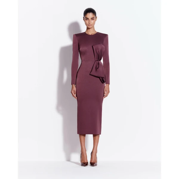 Alex Perry Long Sleeve Dress in Satin Crepe, Plum, view 2