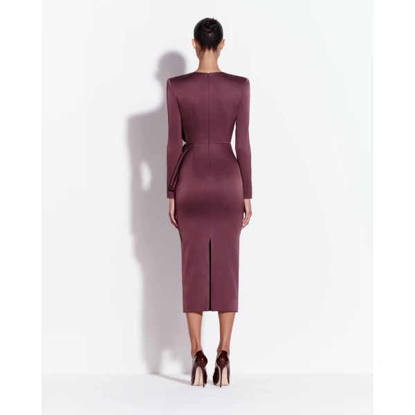 Alex Perry Long Sleeve Dress in Satin Crepe, Plum, view 3