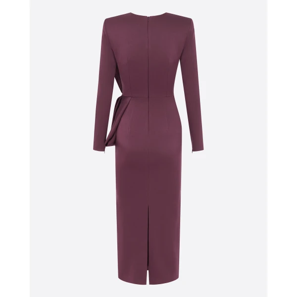 Alex Perry Long Sleeve Dress in Satin Crepe, Plum, view 4