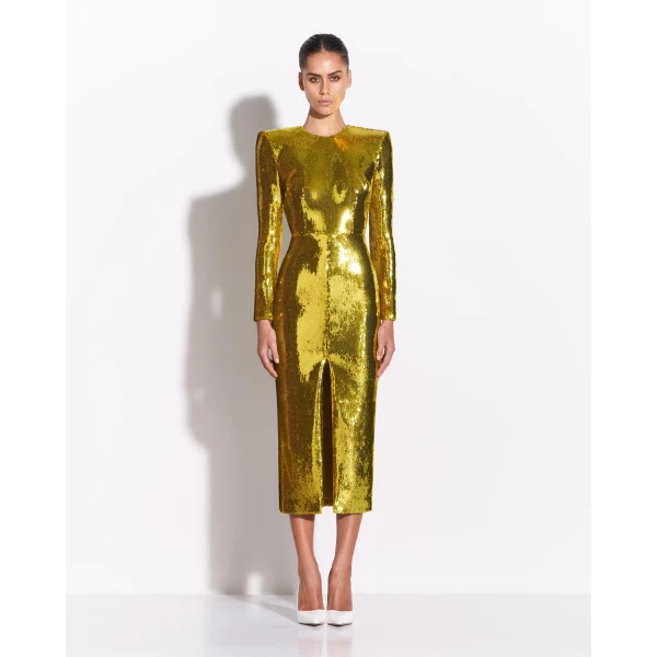 Alex Perry Long Sleeve Dress in Sequin, Citron, view 2