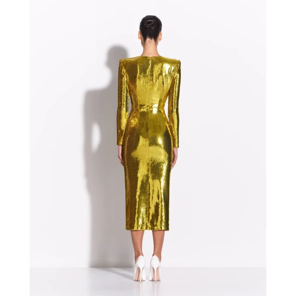Alex Perry Long Sleeve Dress in Sequin, Citron, view 3