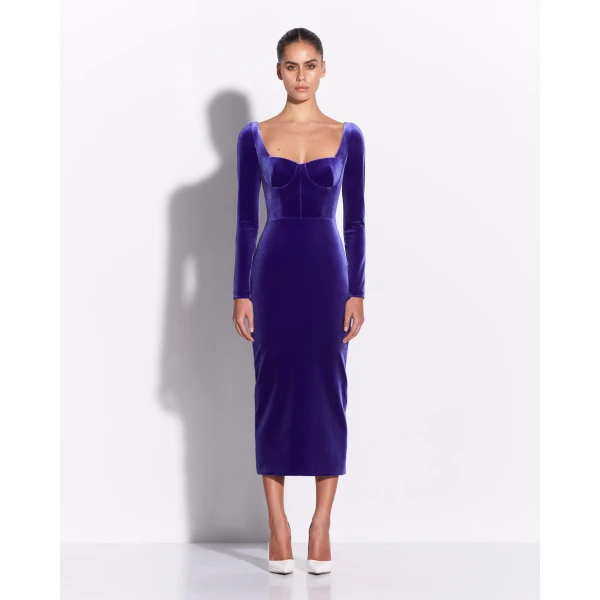 Alex Perry Long Sleeve Dress in Velvet, Iris, view 2