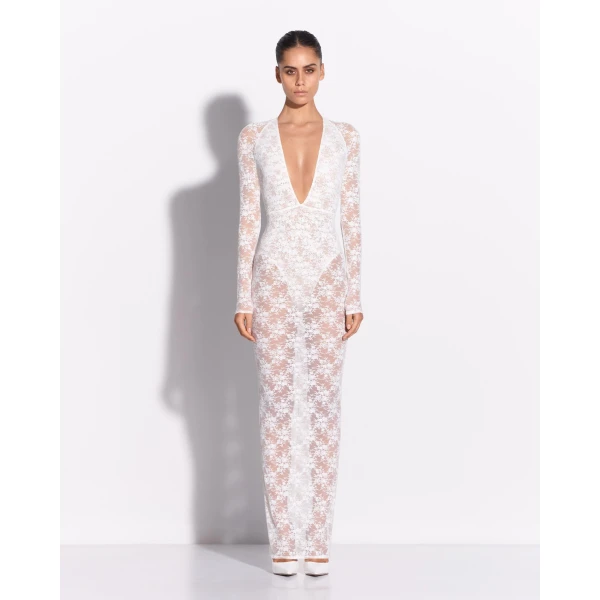 Alex Perry Long Sleeve Halter Column in Lace, White Dress, view 2