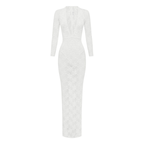 Alex Perry Long Sleeve Halter Column in Lace, White Dress