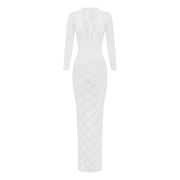 Alex Perry Long Sleeve Halter Column in Lace, White Dress