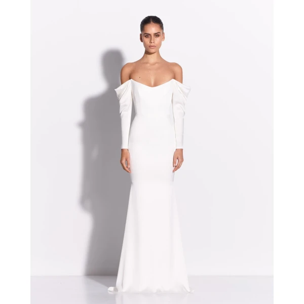 Alex Perry Long Sleeve Off Shoulder Gown in Satin Crepe, White, view 2