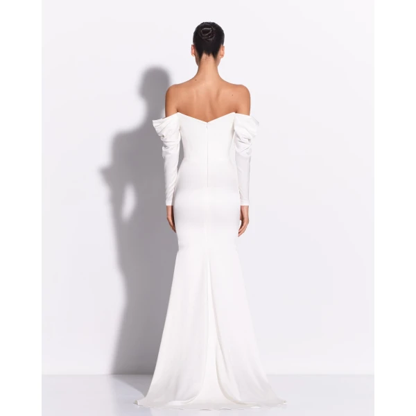 Alex Perry Long Sleeve Off Shoulder Gown in Satin Crepe, White, view 3