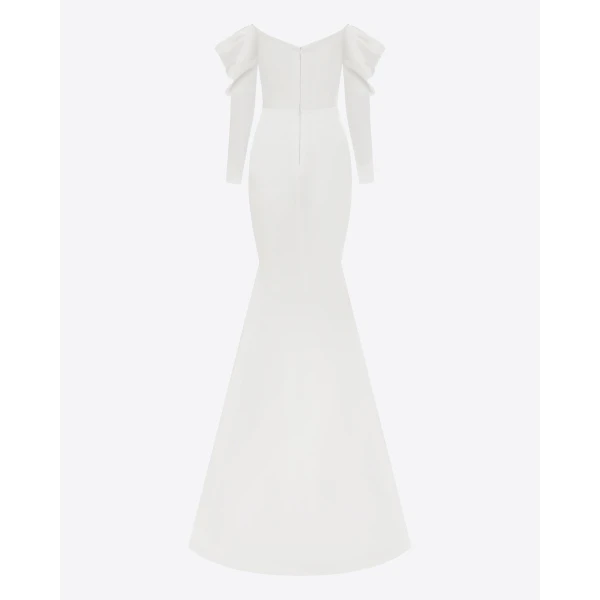 Alex Perry Long Sleeve Off Shoulder Gown in Satin Crepe, White, view 4