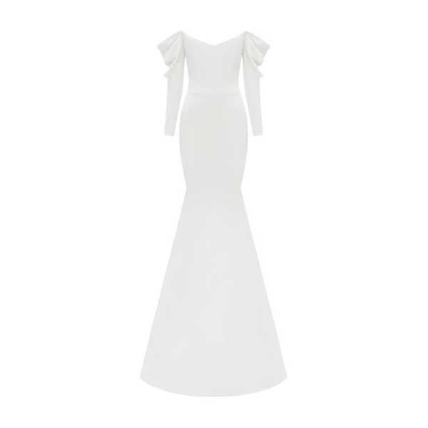 Alex Perry Long Sleeve Off Shoulder Gown in Satin Crepe, White