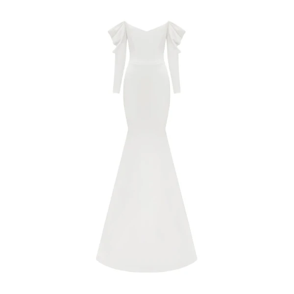 Alex Perry Long Sleeve Off Shoulder Gown in Satin Crepe, White