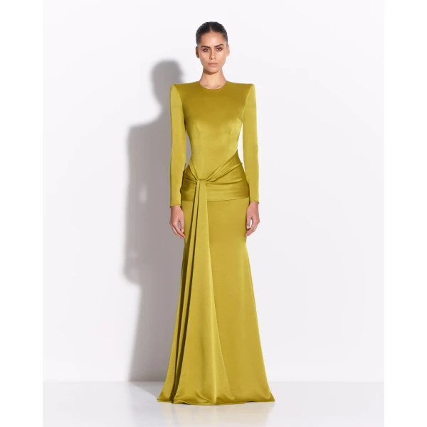 Alex Perry Long Sleeve Sash Drape Gown in Satin Crepe, Citron, view 2
