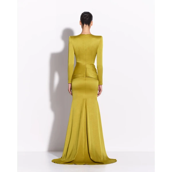 Alex Perry Long Sleeve Sash Drape Gown in Satin Crepe, Citron, view 3