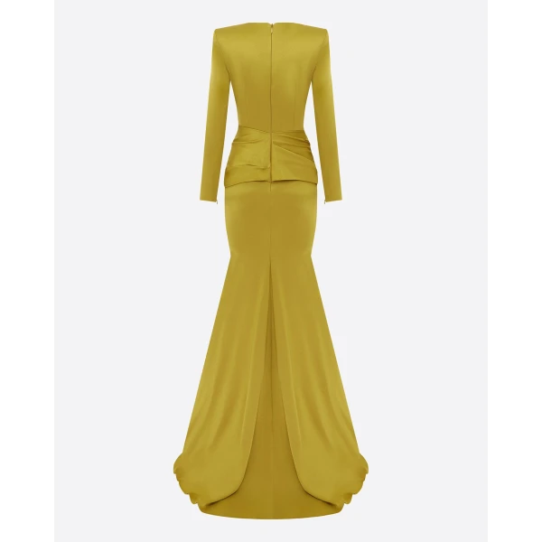 Alex Perry Long Sleeve Sash Drape Gown in Satin Crepe, Citron, view 4