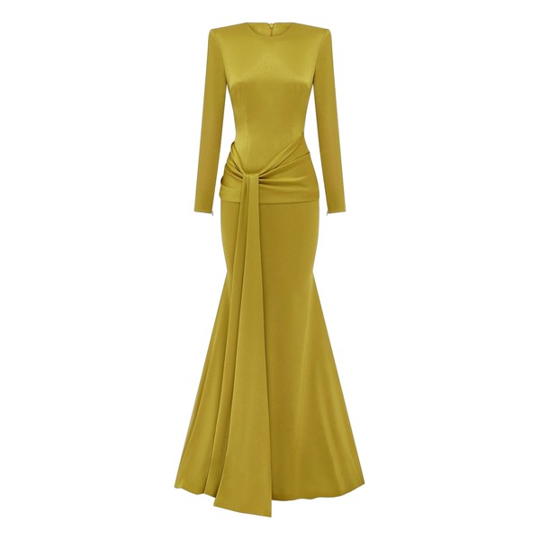 Alex Perry Long Sleeve Sash Drape Gown in Satin Crepe, Citron