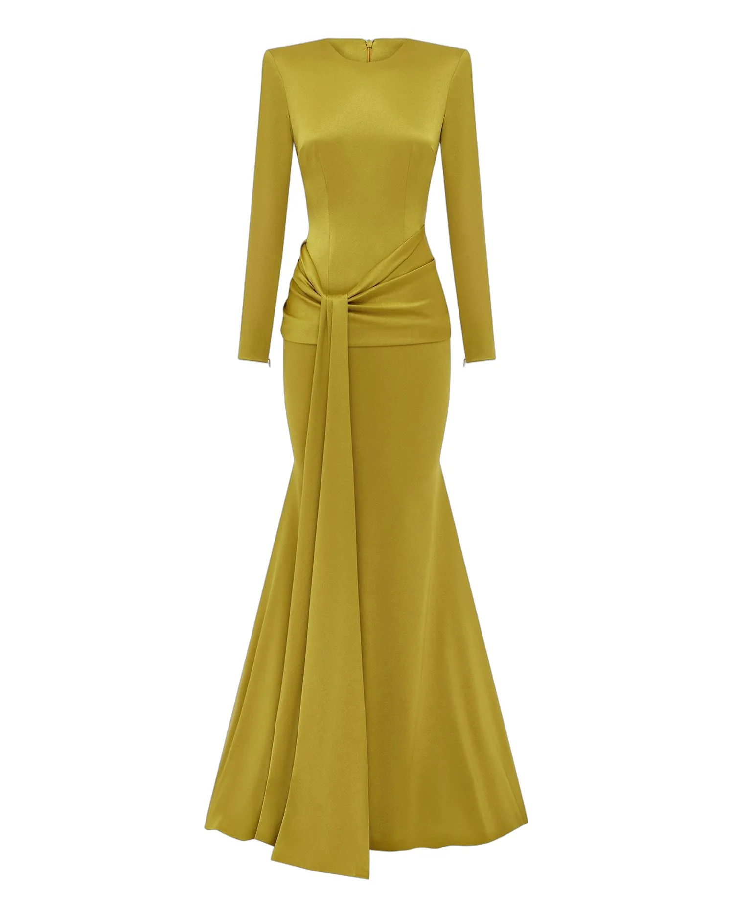 Alex Perry Long Sleeve Sash Drape Gown in Satin Crepe Alex Perry Long Sleeve Sash Drape Gown in Satin Crepe, Citron
