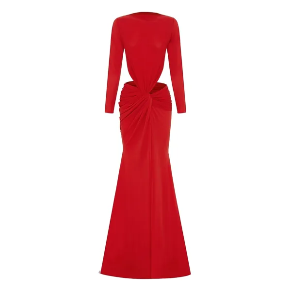 Alex Perry Long Sleeve Twist Gown in Crepe Jersey, Red