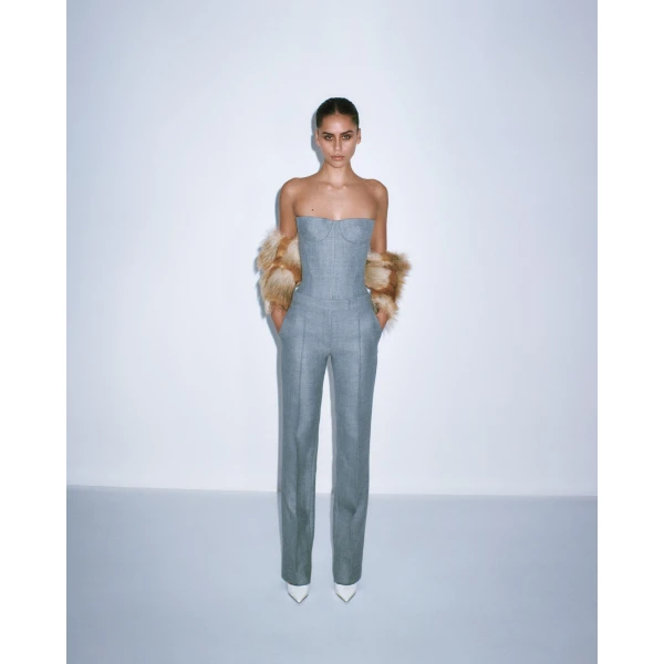 Alex Perry Longline Corset in Wool Suiting, Grey Top, view 2