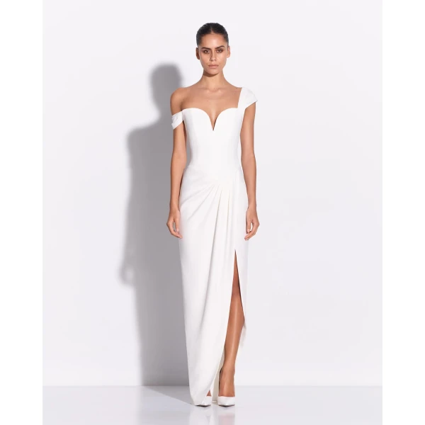Alex Perry Longline Sweetheart Corset Drape Gown in Crepe, White, view 2