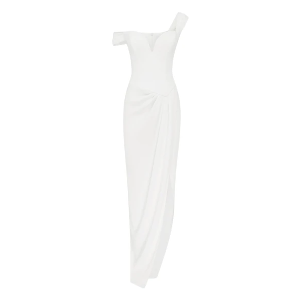Alex Perry Longline Sweetheart Corset Drape Gown in Crepe, White