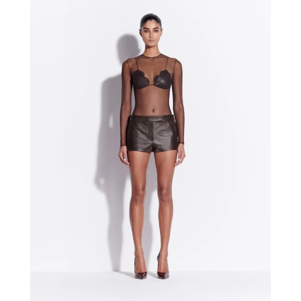 Alex Perry Micro Short in Leather, Dark Brown, view 2