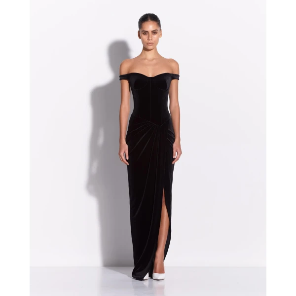 Alex Perry Off Shoulder Drape Gown in Velvet, Black, view 2