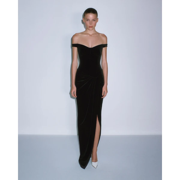 Alex Perry Off Shoulder Drape Gown in Velvet, Black, view 3