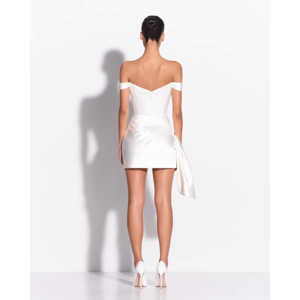 Alex Perry Off Shoulder Draped Mini Dress in Duchess Satin, White, view 3