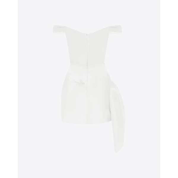 Alex Perry Off Shoulder Draped Mini Dress in Duchess Satin, White, view 4