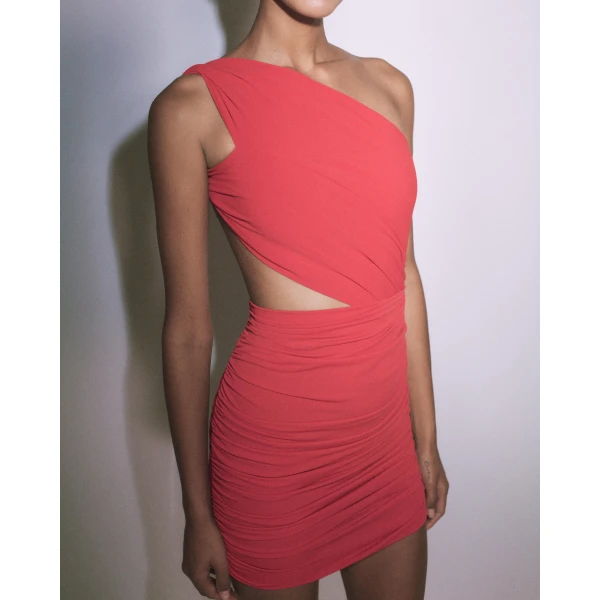 Alex Perry One Shoulder Mini Dress in Crepe Jersey, Red, view 3
