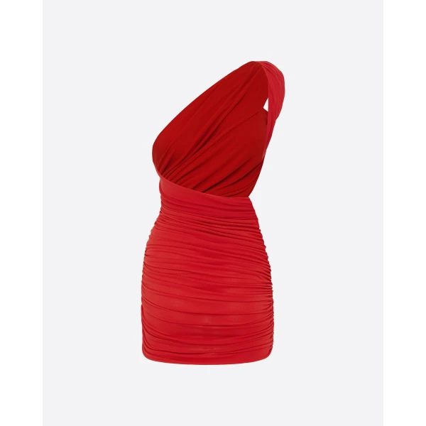 Alex Perry One Shoulder Mini Dress in Crepe Jersey, Red, view 5