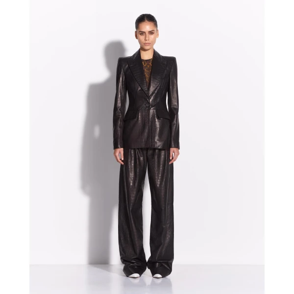 Alex Perry Single Breasted Fitted Blazer in Embossed Leather, Black, view 2
