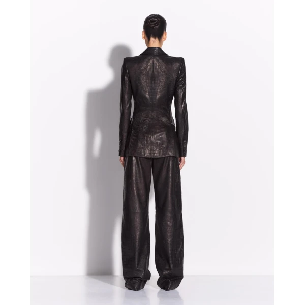 Alex Perry Single Breasted Fitted Blazer in Embossed Leather, Black, view 3