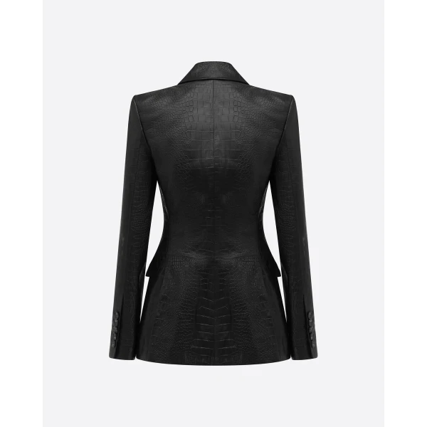 Alex Perry Single Breasted Fitted Blazer in Embossed Leather, Black, view 4