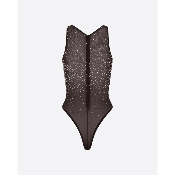 Alex Perry Singlet Bodysuit in Crystal Mesh, Espresso, view 4