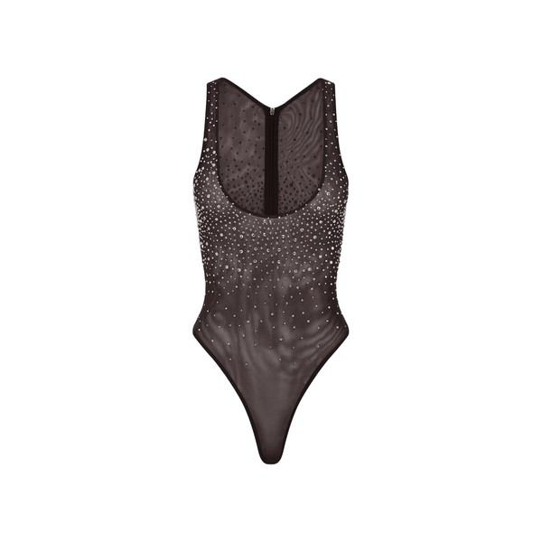 Alex Perry Singlet Bodysuit in Crystal Mesh, Espresso