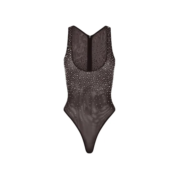 Alex Perry Singlet Bodysuit in Crystal Mesh, Espresso