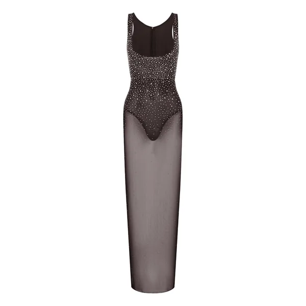Alex Perry Singlet Column in Crystal Mesh, Espresso Dress