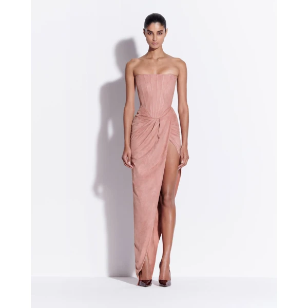 Alex Perry Strapless Corset Drape Gown in Suede, Dusty Rose, view 2