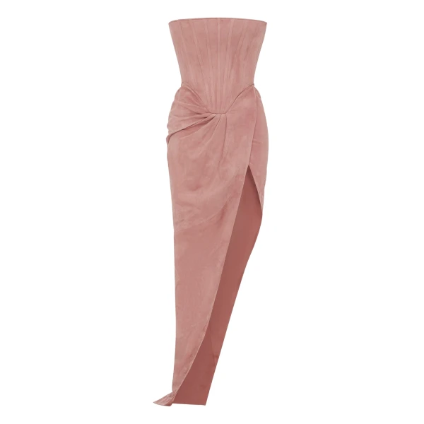 Alex Perry Strapless Corset Drape Gown in Suede, Dusty Rose