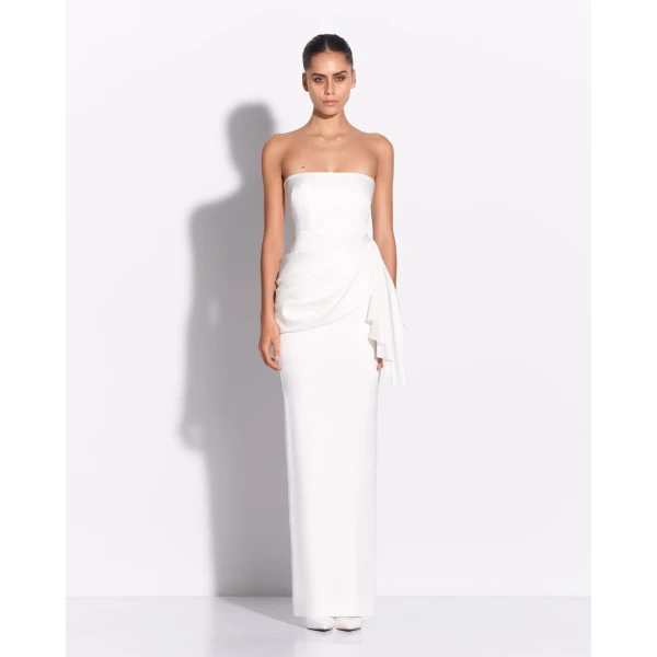 Alex Perry Strapless Corset Tiered Gown in Satin Crepe, White, view 2