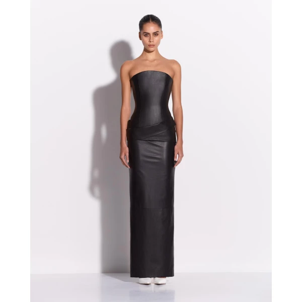 Alex Perry Strapless Drape Column in Leather, Black Dress, view 2